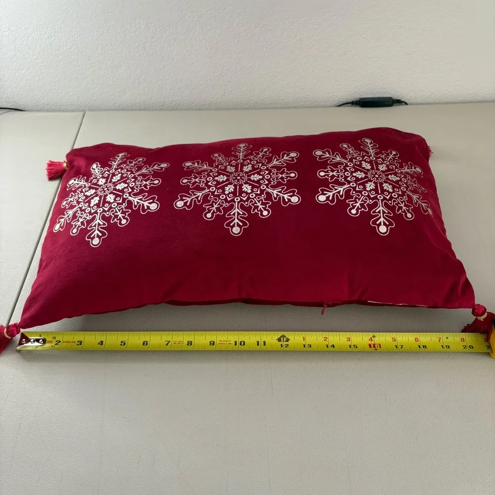 Burgundy Red Velvet Snowflake Lumbar Pillow Silver Metal Tassels 20x12 Holiday